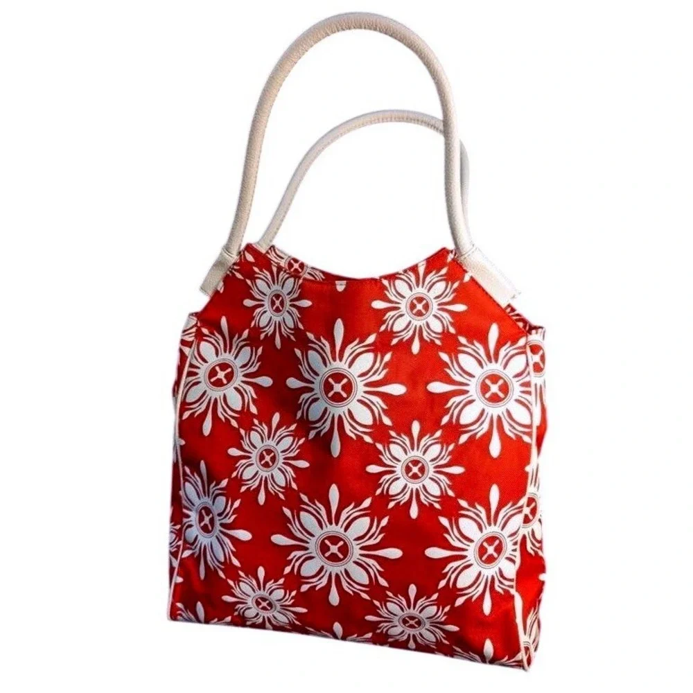 NWOT ~ Lancome Cherry Red & White Sunburst Floral Canvas Tote Bag ~ Beach Summer
